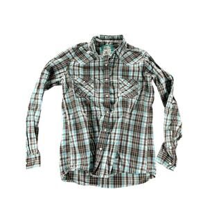 Panhandle Blue Brown Plaid Long Sleeve Pearl Snap Button Down Shirt Small